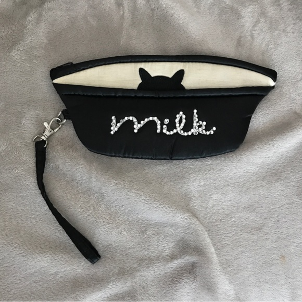Satin Cat Milkbowl Bedazzled Rhinestones‎ Purse Clutch Accessory with Wristband
